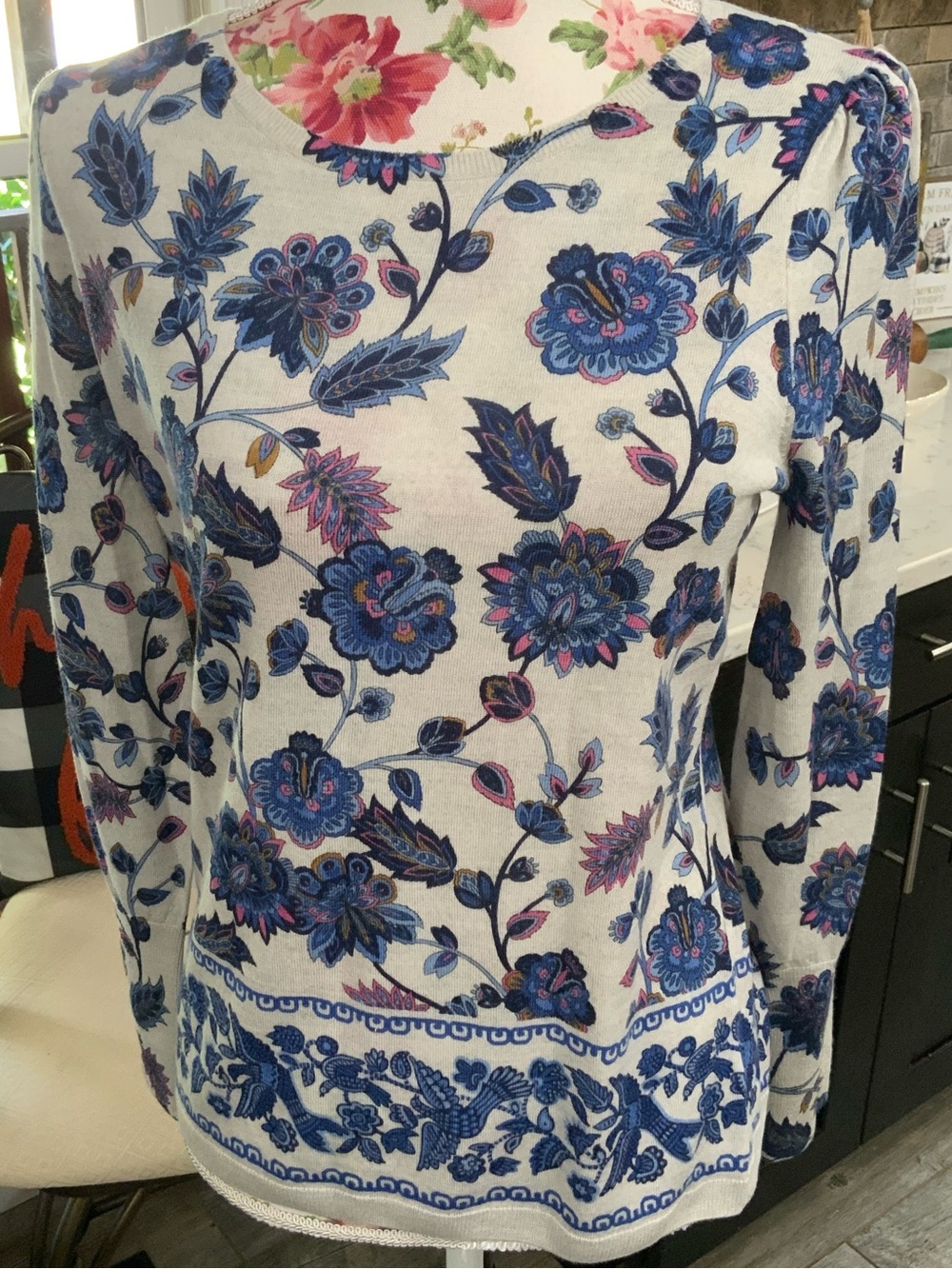 Talbots Petite Womens MP Pure Merino Wool Sweater Blue Floral Knit New